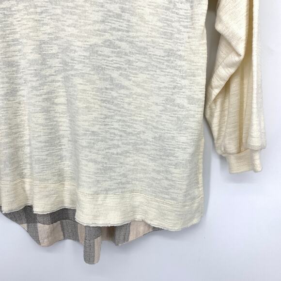 Anthropologie Pilcro V-Neck Slub Knit Long Sleeve Top Sz M Gray Cream Plaid Back - Picture 4 of 6